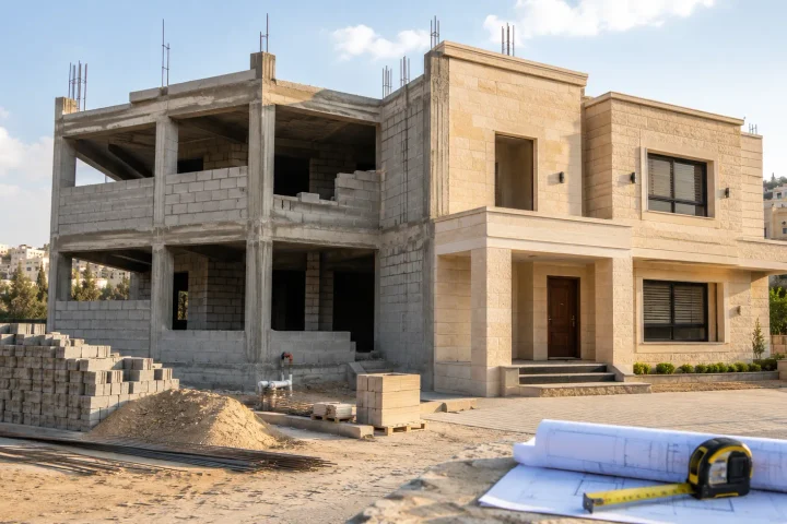 تكلفة بناء منزل في الأردن 2026: سعر متر العظم والتشطيب وحسبة 150 و200 و250 متر