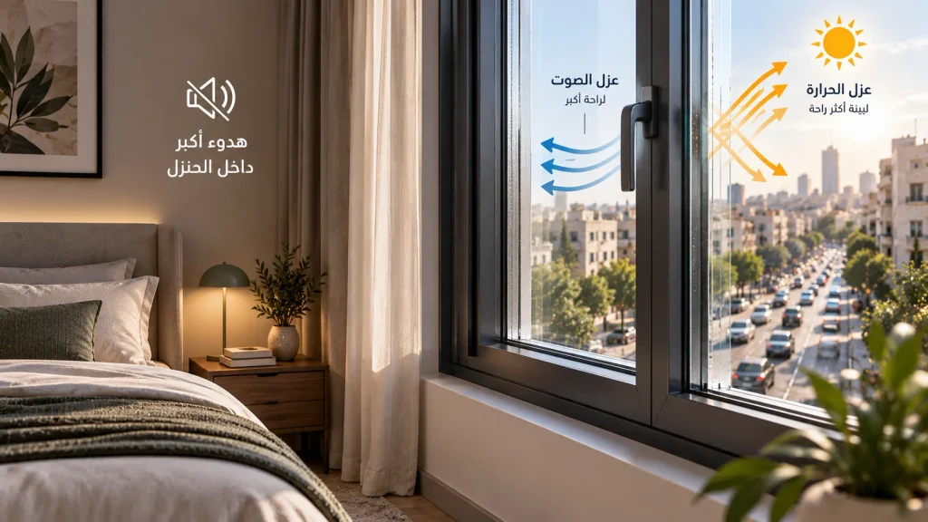شباك دبل جلاس محكم لعزل صوت الشارع وحرارة الشمس في غرفة نوم